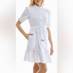 Nicole Miller CRYSTAL STRETCH POPLIN HALF SLEEVE TIERED SHIRT DRESS in white
